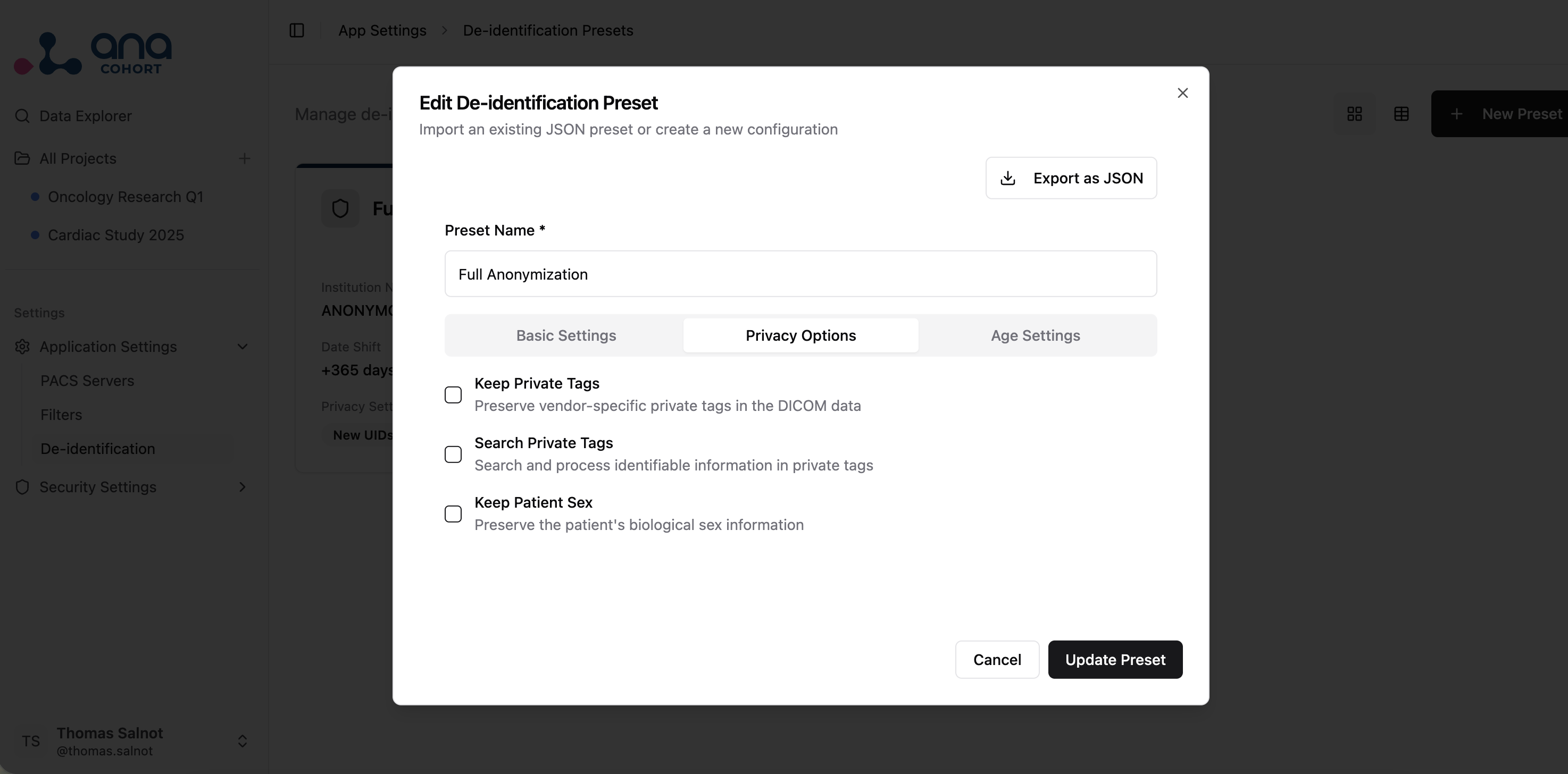 ANA Cohort de-identification screenshot